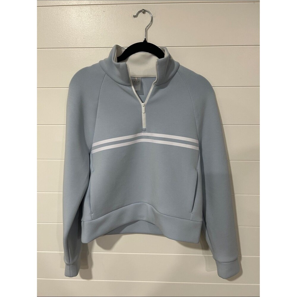 CALIA by Carrie Underwood Pale Blue Half-Zip Sweater with White Stripes